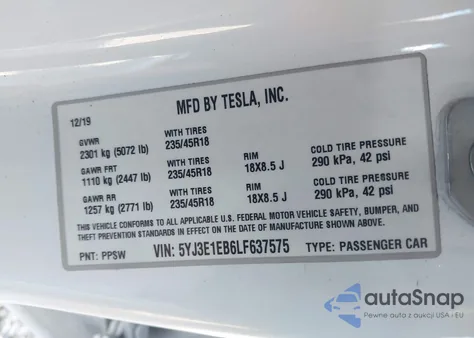 2020 Tesla Model 3 from USA, damaged, VIN 5YJ3E1EB6LF637575